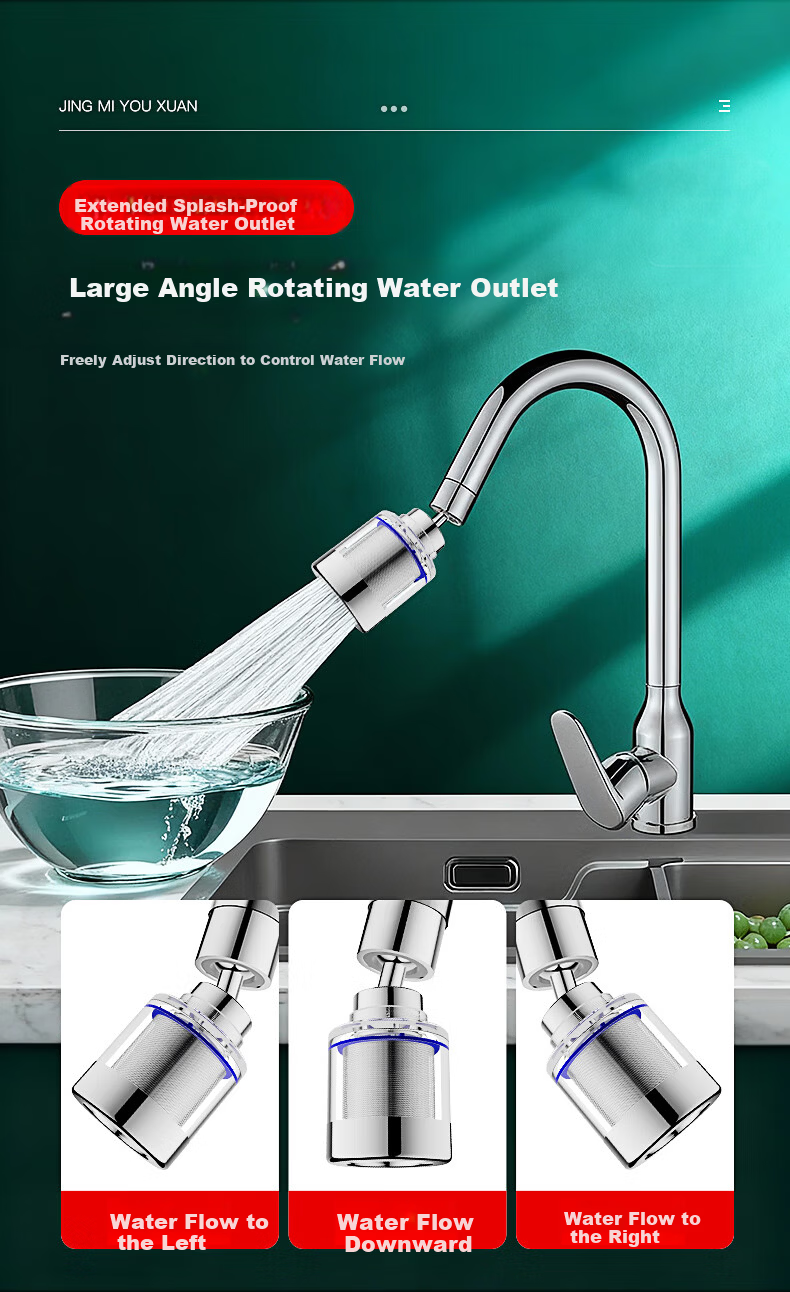 Jingmi Premium Kitchen Faucet Filter Extender Household Vegetable Sink Booster Nozzle Splash-Proof Stainless Steel Filter Core 5