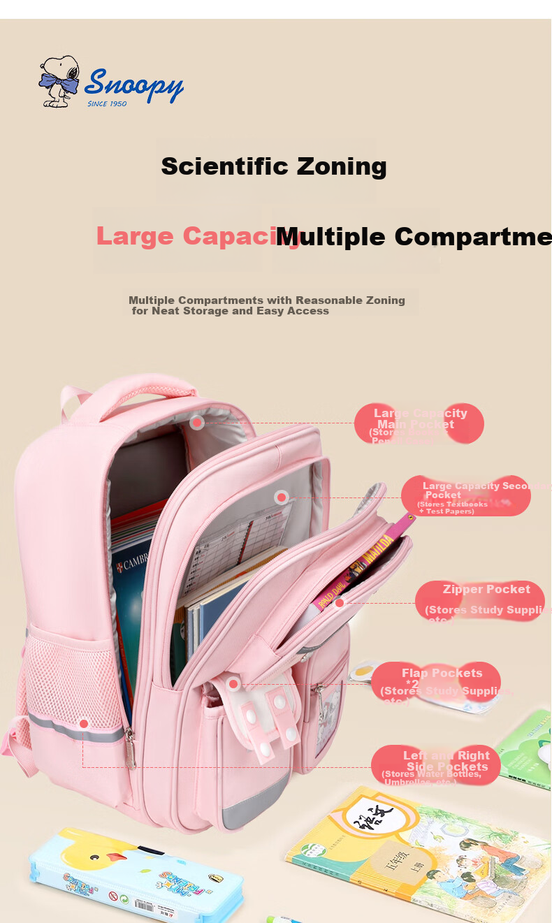 SNOOPY Lightweight Primary School Backpack Children's Ergonomic Anti-Back Pain Shoulder Bag for Grades 1-3 Pink Small Size 7