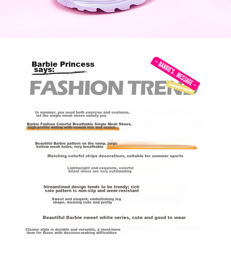 Barbie Children's Shoes, Summer Kids' Sneakers, Girls' Mesh Shoes, Breathable White Shoes DA6301, White, Size 33 2