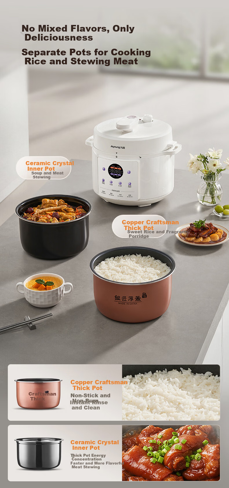 Joyoung 5L Large Capacity Electric Pressure Cooker with Deep Soup Crystal Diamond Inner Pot, Smart High-Pressure Cooker for 4-5 People, Model Y-50C10 3