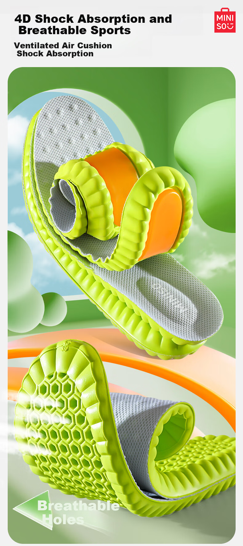MINISO Men's Sports Insoles Odor-Resistant Sweat-Absorbing Breathable Soft Elastic Anti-Fatigue Military Training Insoles Women's Running Shock Absorption Size 41-42 1