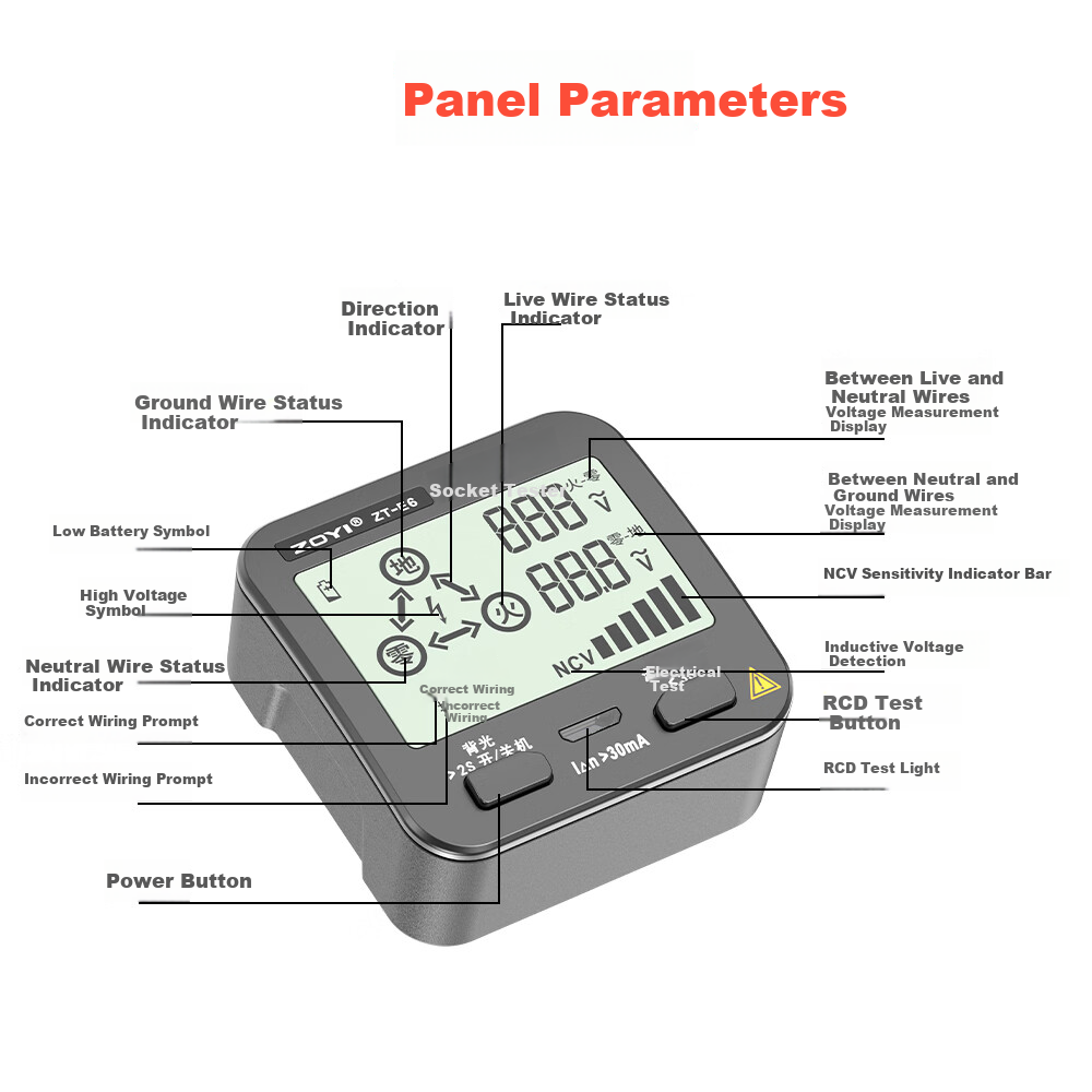 ZOYI Multifunctional Multimeter Socket Tester Phase Detector Polarity Voltage Tester Leakage Detector [ZT-E6] 9