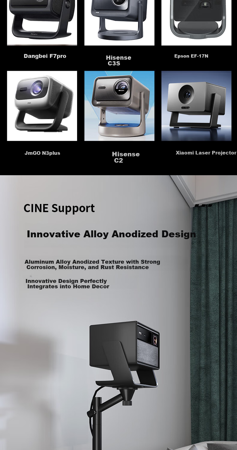 CINE Heavy-Duty Floor-Standing Projector Mount for Home, Wall-Mounted for Bedside, Compatible with XGIMI RS20 RS30, Dangbei X7 Pro, JmGO N3 N5, Hisense C3, Big Eye Orange, Hidden Bracket PB29L Black 3
