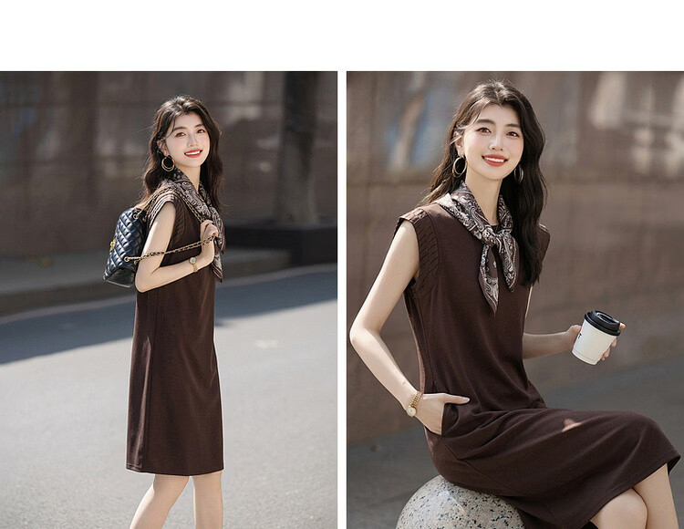 Demana Silent Breath Summer Elegant Urban Sleeveless Mid-Length Dress with Scarf and Pleated Round Neck Splicing 14