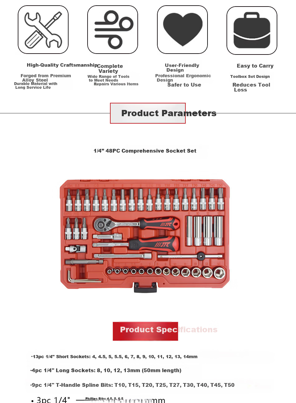 JTC Jetxi Tools 1/4" Mini Impact Socket Set 48-Piece Auto Repair 6.3mm Quick Wrench Same Model as SATA 2