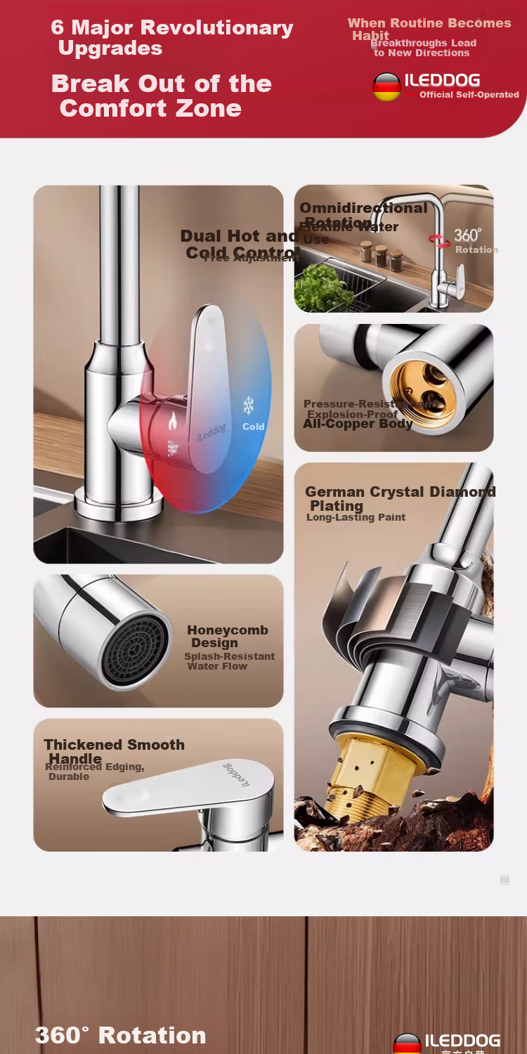 ILeddog [Germany] All-Copper Kitchen Faucet Household Vegetable Sink Pressurized Splash-Proof Hot and Cold Faucet CFLT-LR 4