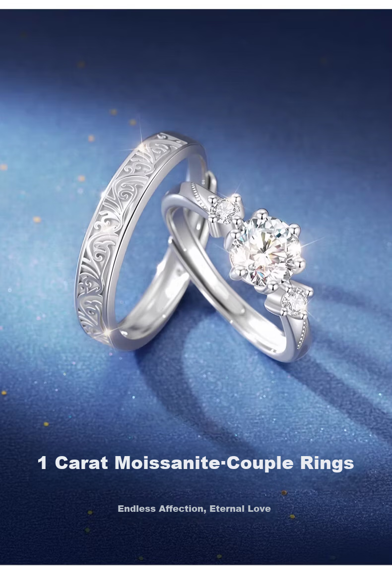 Kovni [Includes GRA Certificate] Sparkling Moissanite Couple Rings Adjustable Open Bands Birthday Valentine's Day Gift for Girlfriend 2