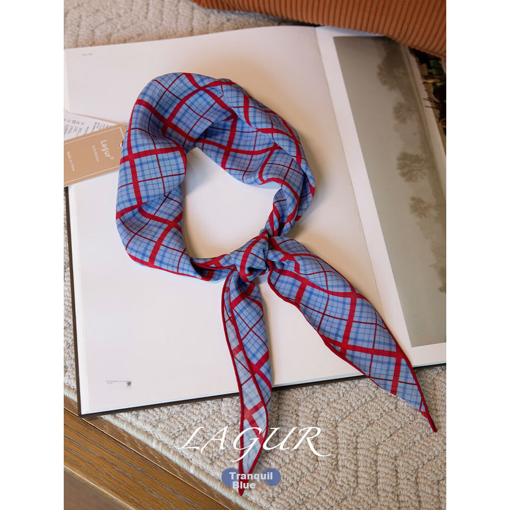 Lagur Tranquil Blue Plaid 100% Mulberry Silk Scarf Long Triangle Diamond Vintage Headband for Women Tranquil Blue