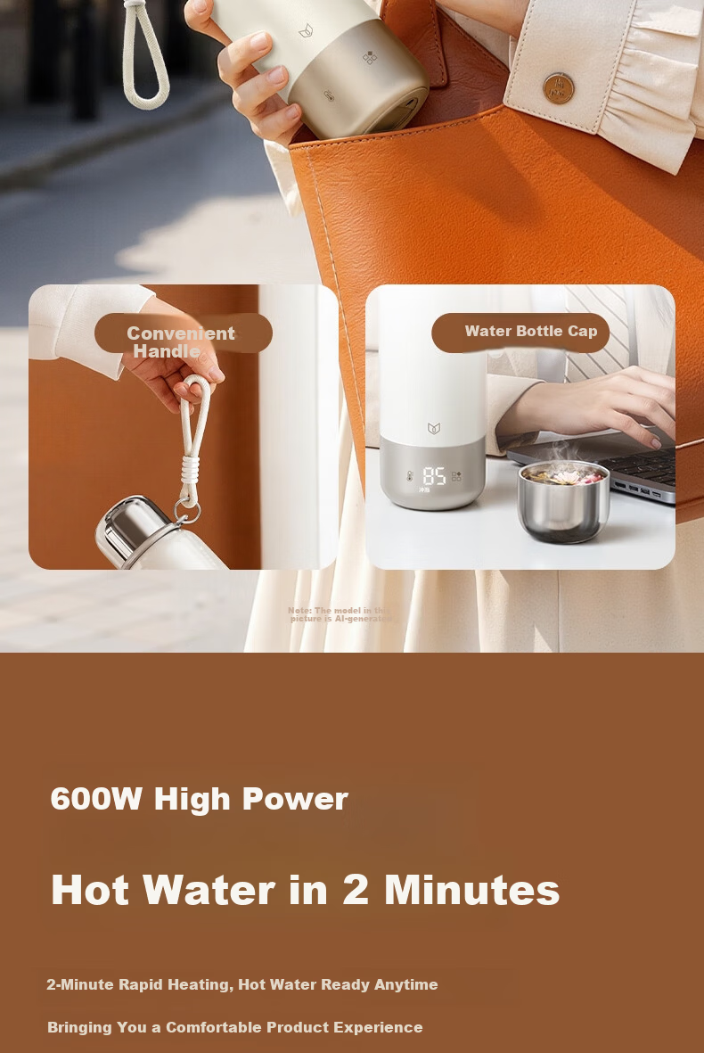 Deli Portable Electric Heating Water Cup 550ml Large Capacity Insulated Kettle Travel Vacuum Insulated Smart Constant Temperature 316L Stainless Steel Inner Liner 5