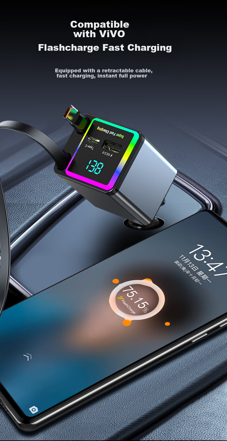 Newsmy Car Charger Retractable Dual USB Cigarette Lighter 100W Super Fast Charging Converter for Apple 16/17 Huawei Honor C+C 8