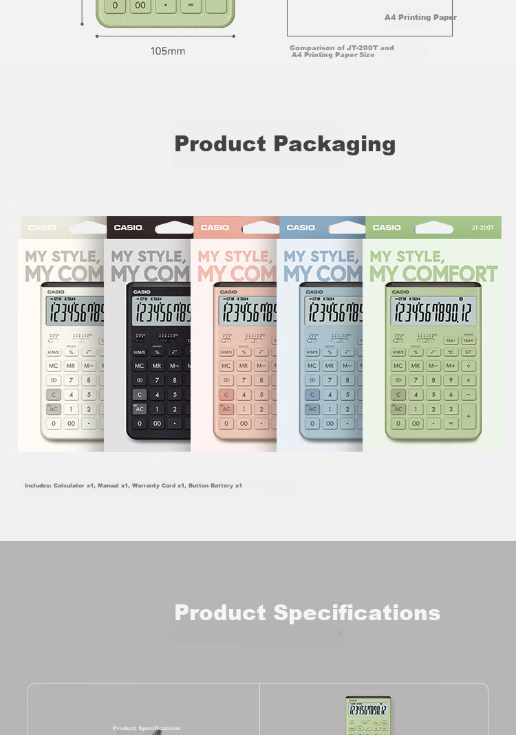 CASIO Innovative Calculator with Extra Large Display, Solar Panel, Eco-friendly Material, Desktop Office Financial Use, Black-Grey JT-200T 12
