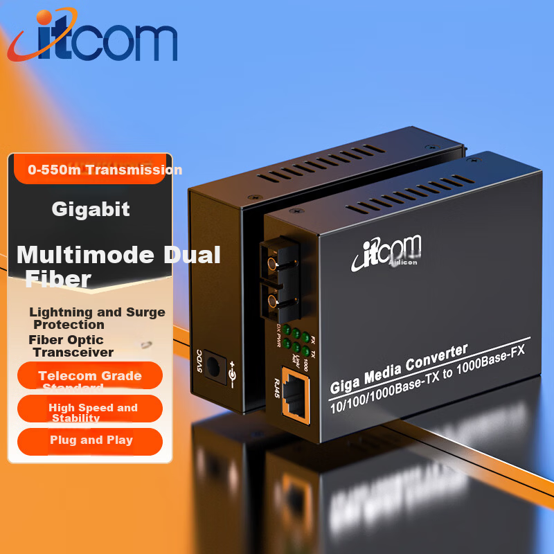 Itcom Aidicon Telecom Grade Gigabit Multimode Dual Fiber Optical Transceiver SC Interface 550m Network Surveillance Lightning Surge Protection IT168-GE-550M