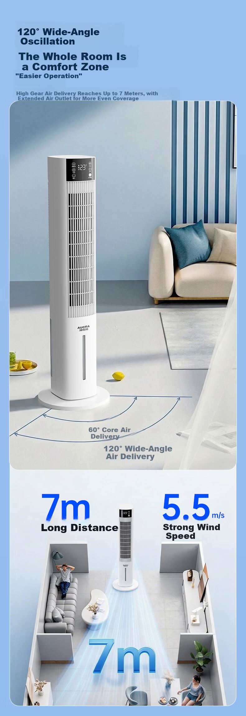 AUCMA Home Cooling Fan Floor Strong Cooling Portable Air Conditioner Fan Standing Water Cooling Air Purifier Air Circulation Bladeless Tower Fan Quiet Bedroom S5Y 7