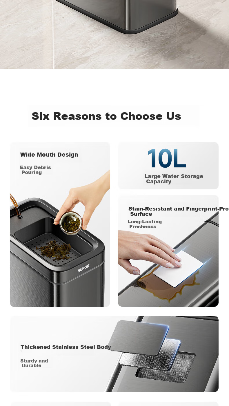 SUPOR Stainless Steel Tea Water Bucket Trash Can 10L Carbon Gray Tea Residue Water Dry-Wet Separation High-Value Sliding Cover Model 2