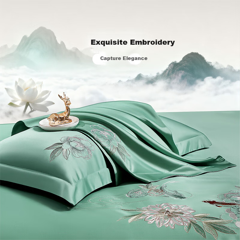 Fuanna Bedding Set 4-Piece 140S Double-Strand Long-Staple Cotton Sateen 100% Cotton Sheet and Duvet Cover Single/Double 203x229cm Jade Flower