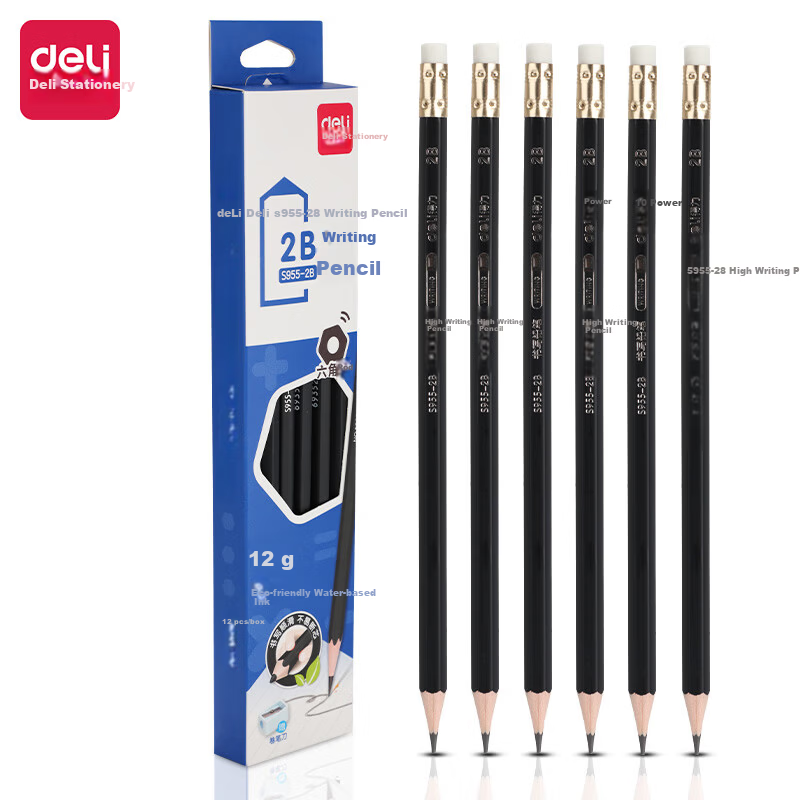 Deli 2B Black Barrel Office Leather Tip Writing Pencil Drawing Doodle Pencil 12pcs/Box S955-2B