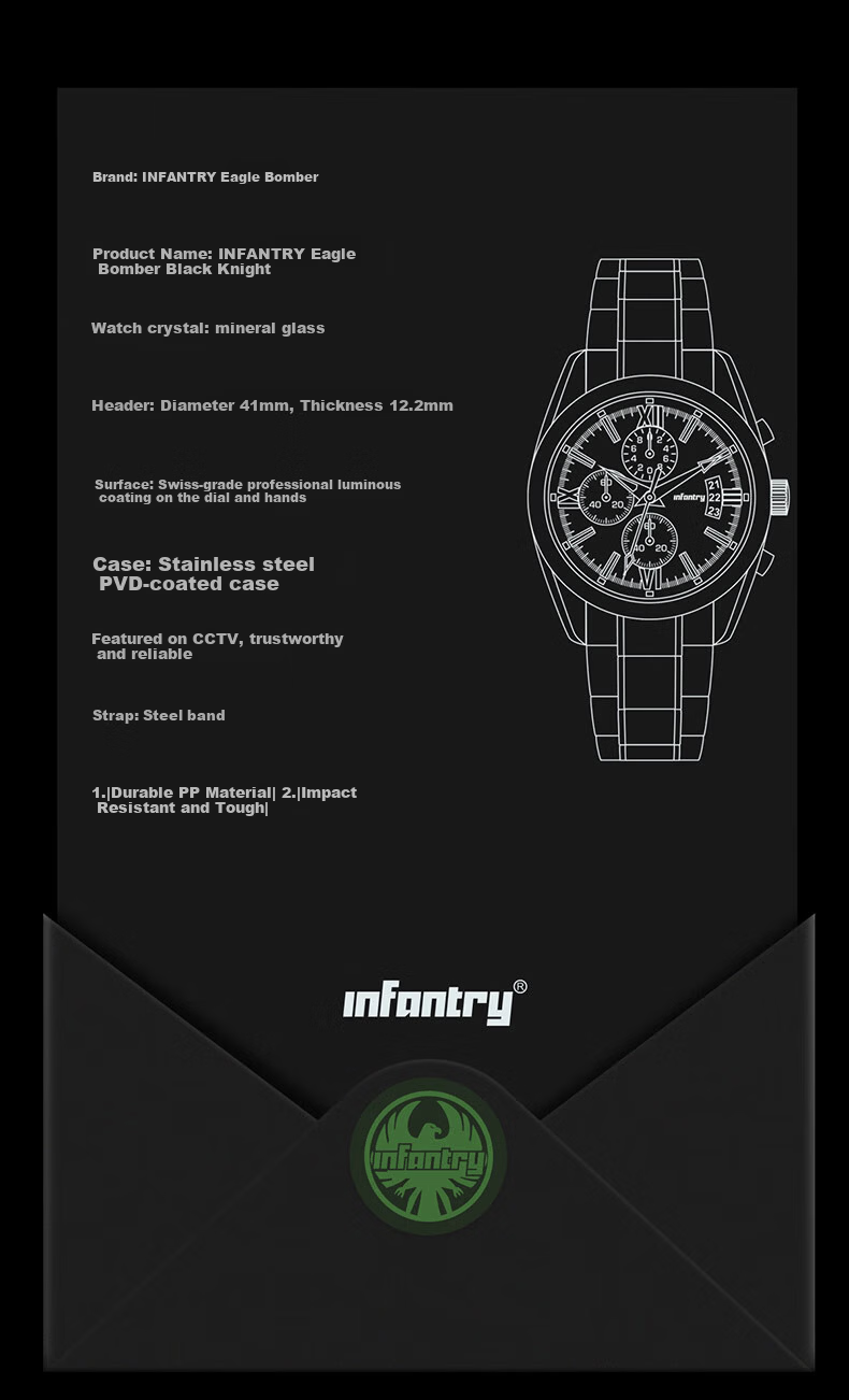 INFANTRY Eagle Black Knight Men's Fashion Waterproof Steel Band Business Quartz Watch Birthday Gift for Boyfriend 15