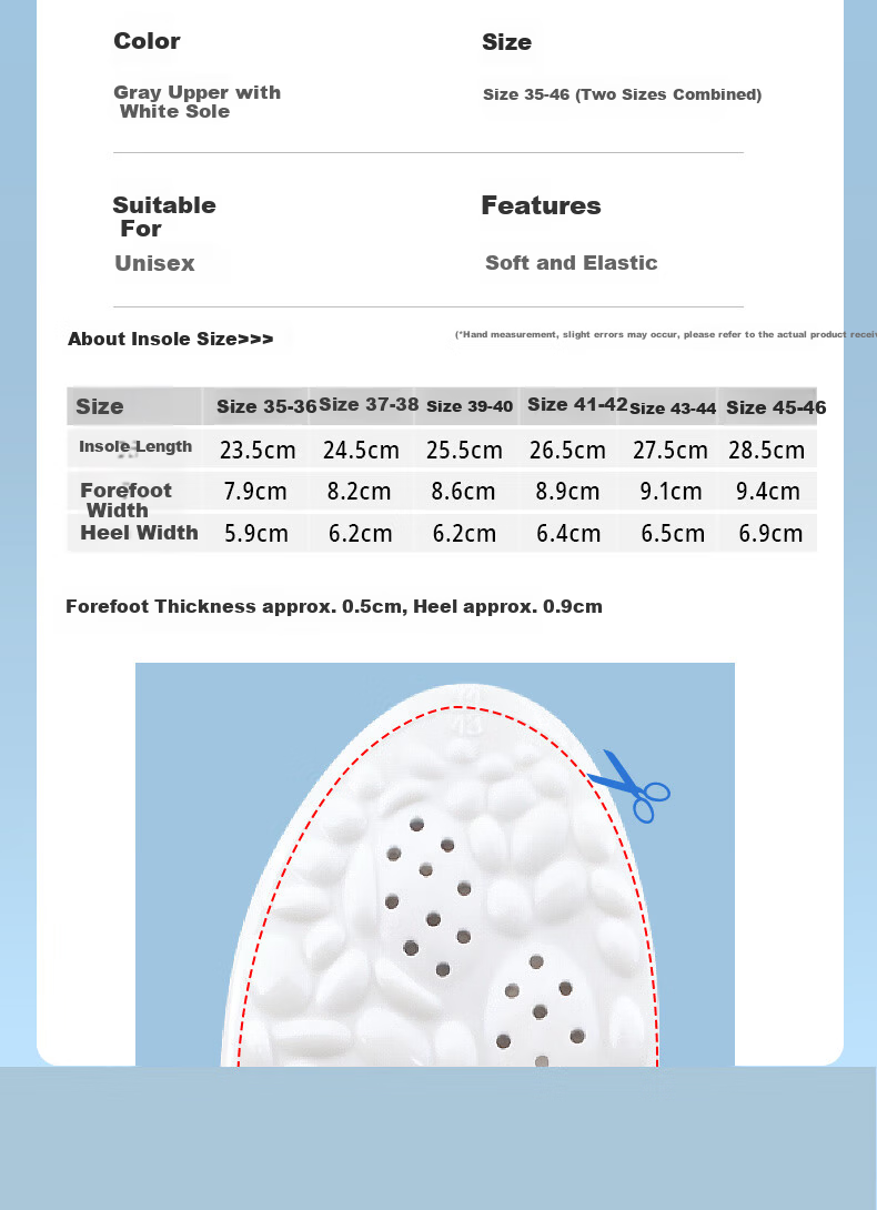 Huabaochi Sports Insoles Soft Elastic Anti-Bacterial Odor-Resistant Shock Absorption Men's Comfortable Thick Cushioned Breathable Sweat-Absorbing Durable 12