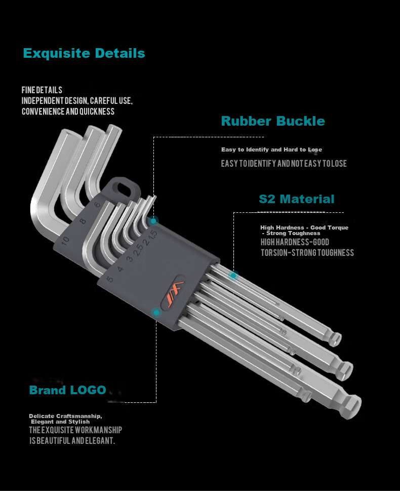 Jimmy Home Hex Key Set Hardened S2 Material 9-Piece Ball-End Fully Heat-Treated Hex Wrench JM-G1309N 10