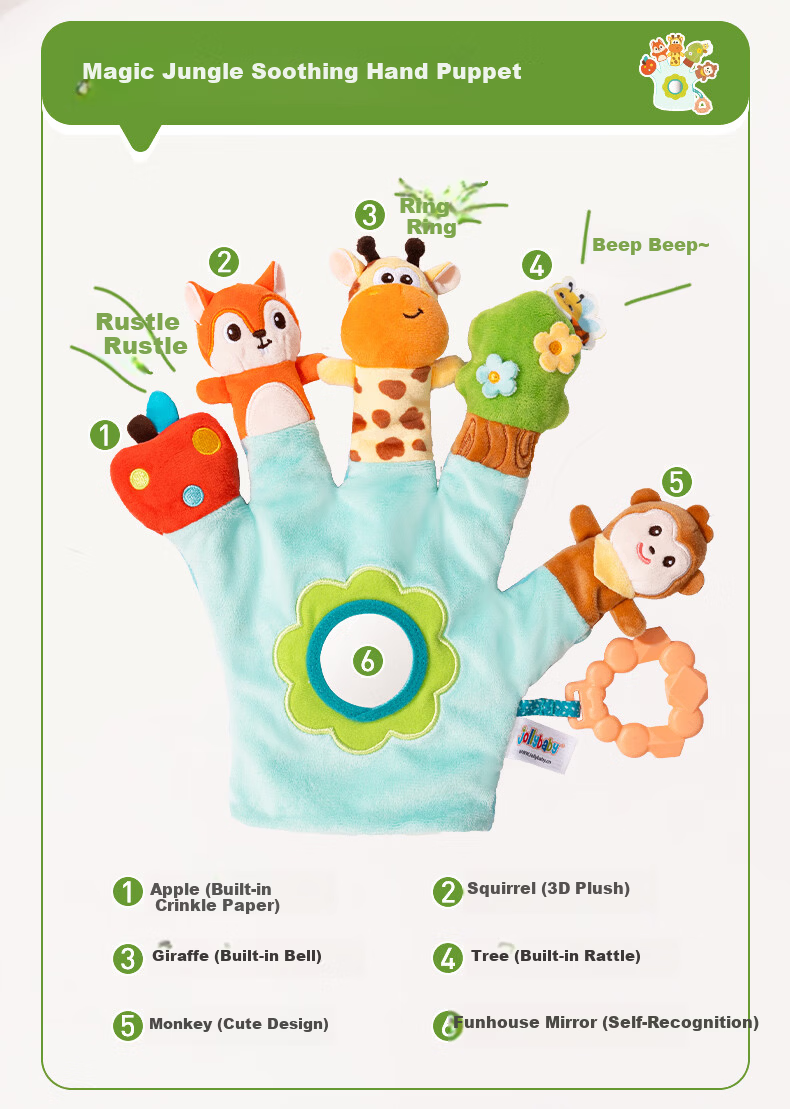 Jollybaby Baby Plush Finger Puppet Animal Glove Doll Magic Jungle Hand Puppet Soother 6