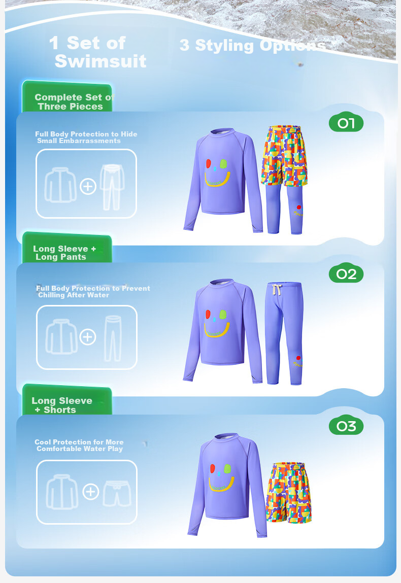 Kocotree KK Tree Kids Swimwear High-Visibility Highlight Swimming Set Boys Girls Long Sleeve Long Pants Sun Protection Three-Piece Set 11