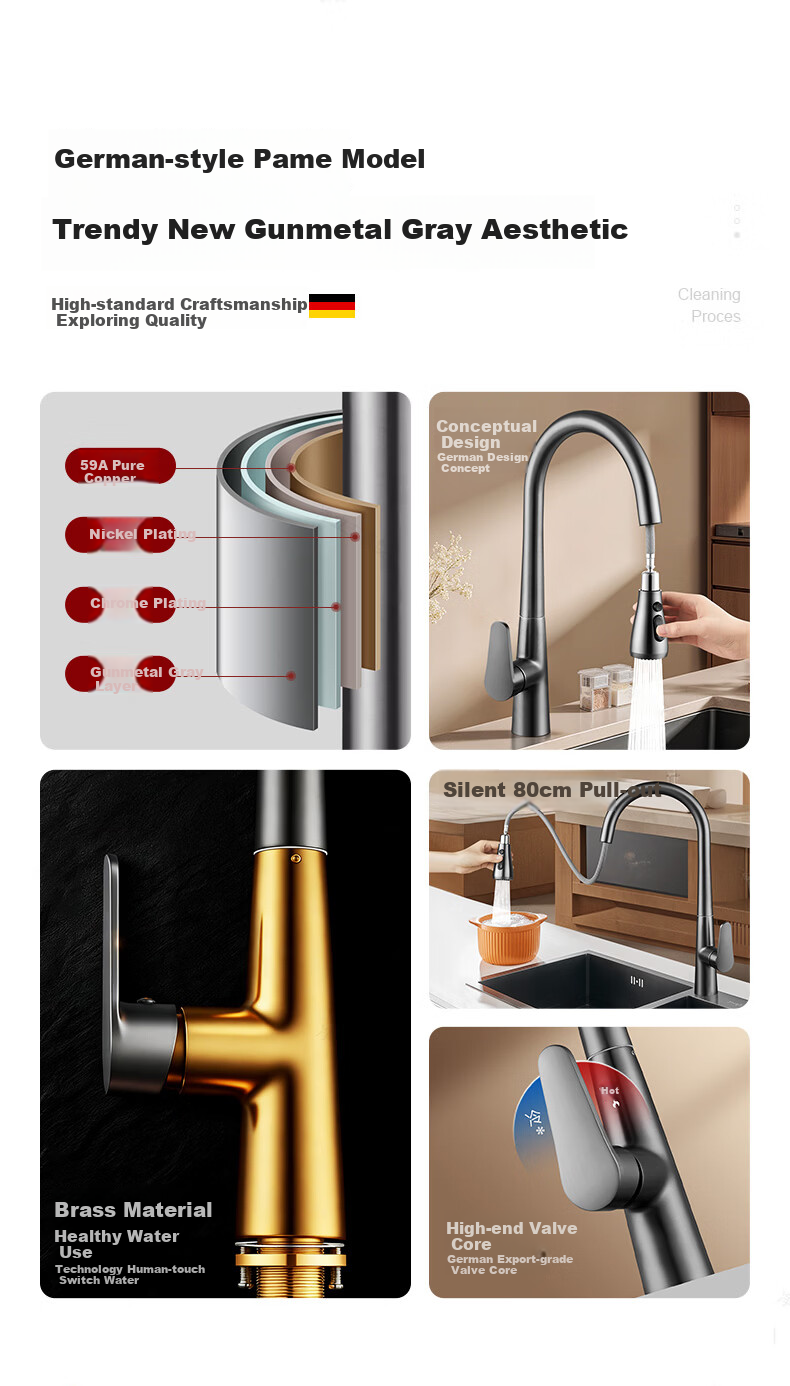 IVORPO [Germany] All-Copper Kitchen Pull-Out Faucet Hot and Cold Two-in-One Rotatable Sink Stretchable Swivel Faucet 3