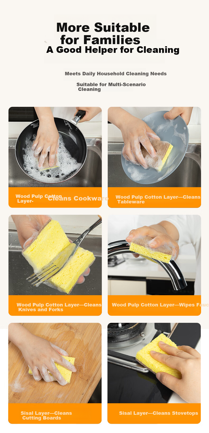 Shijia Wood Pulp Cotton Cleaning Cloth 11×6.8×2.1CM*3pcs Non-Scratch Kitchen Degreasing Pot Washing Sponge Scrubber 11
