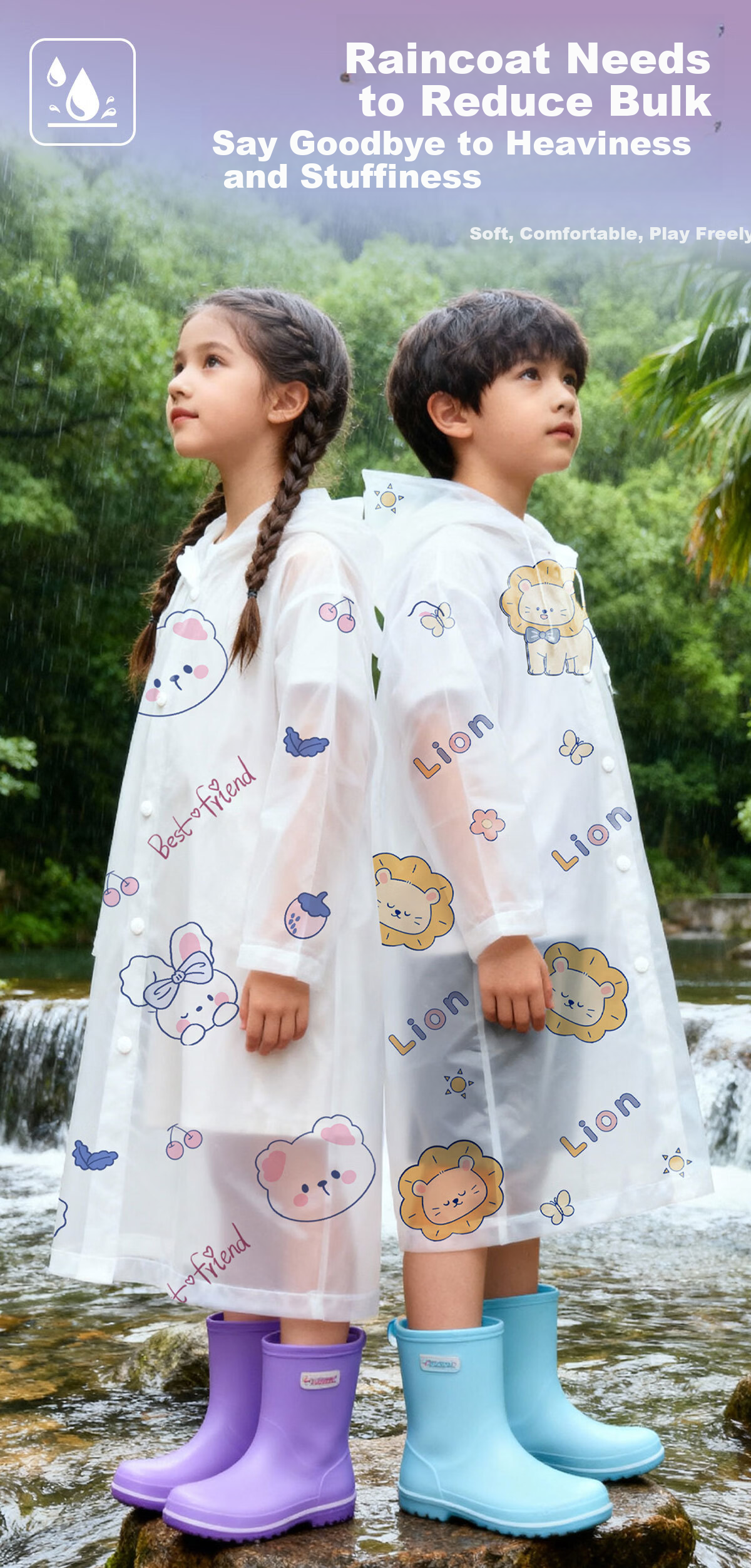 Kelorock Disposable Raincoat Printed Thickened Portable Anti-Storm Rain Poncho with Hood Brim Long Children's Raincoat for Electric Vehicles 3