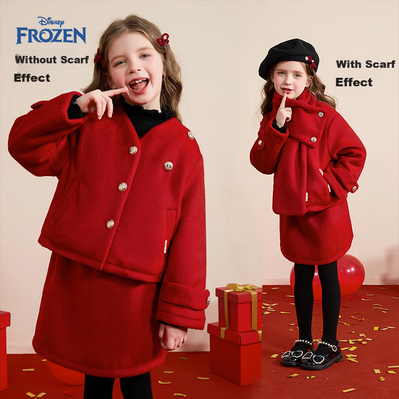 Disney Girls' Spring and Autumn 2026 New Stylish Winter Thick Woolen Coat and Skirt Two-Piece Set with Scarf