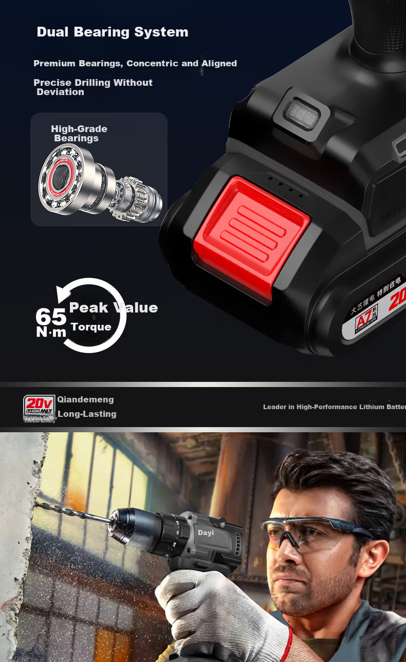 Dayi Industrial Grade New Lithium Battery Brushless Screwdriver Drill A7Pro1365-1 Electric Screwdriver 20V JD Self-operated 4