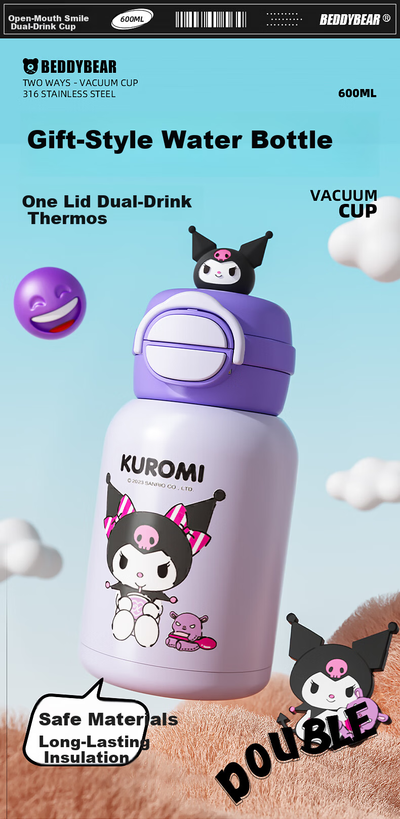 BEDDYBEAR Blooming Dual-Use Children's Insulated Straw Water Bottle for Girls Large Capacity Student Cup 520ml Study KT 1