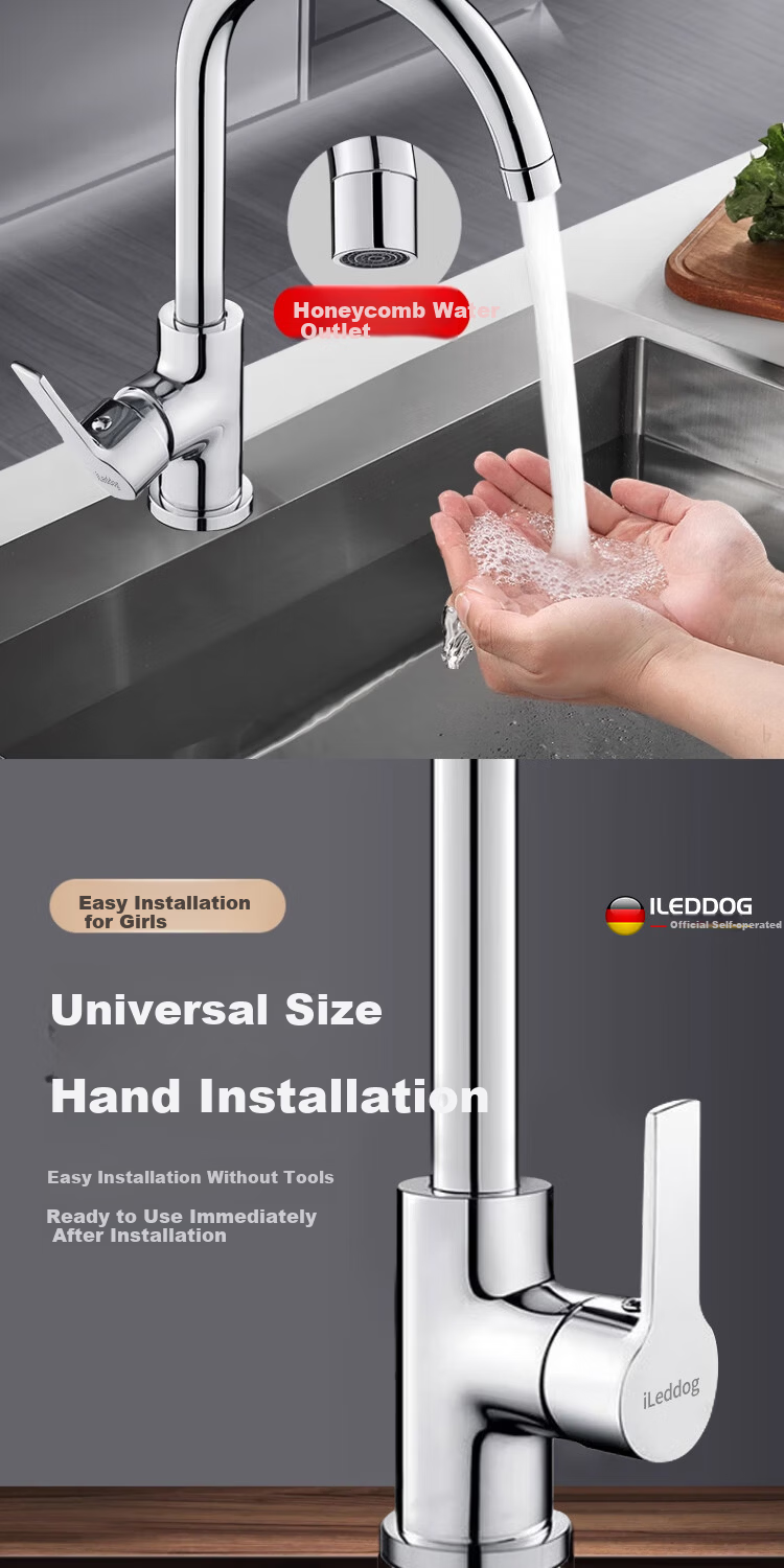 ILeddog [Germany] All-Copper Kitchen Faucet for Sink, Hot and Cold Swivel Tap CFLT-LR 5