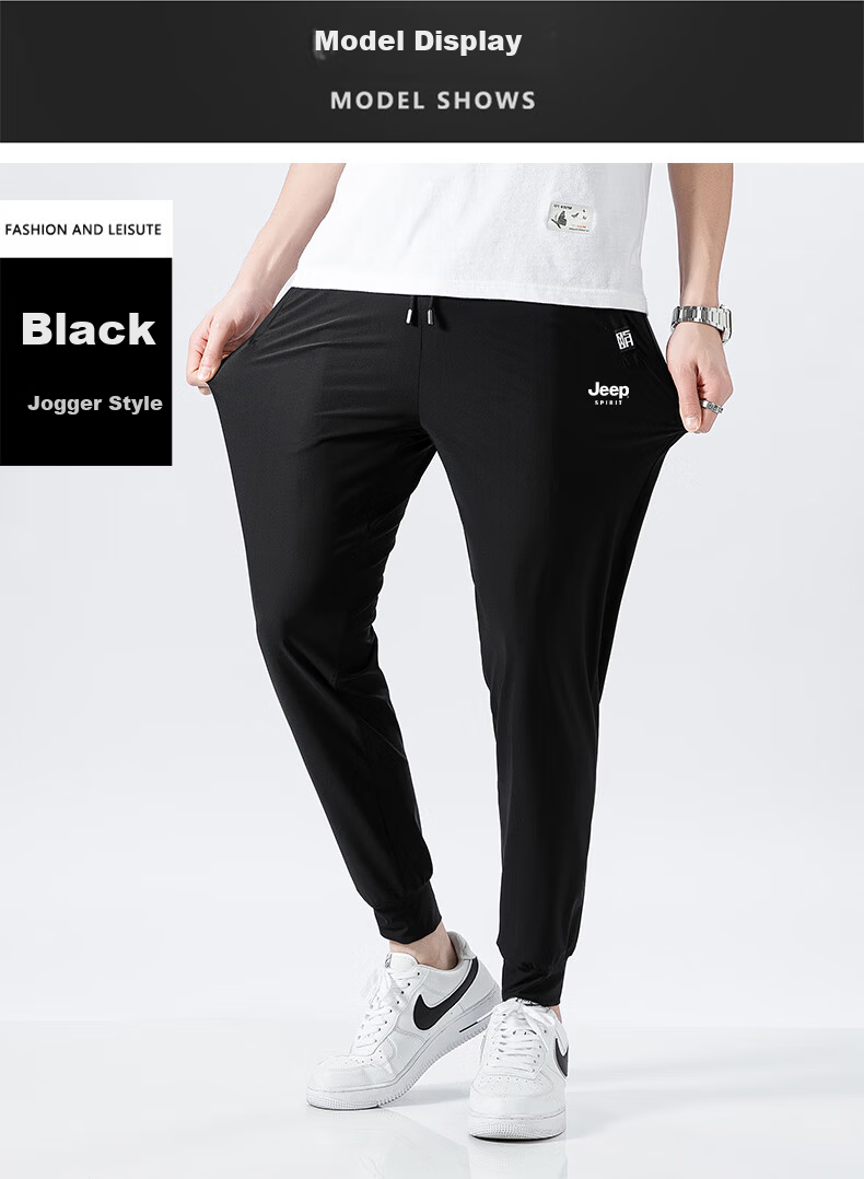JEEP Men's Summer Casual Ice Silk Thin Lightweight Sports Pants Large Size Stretch Straight Leg Black Joggers L 15