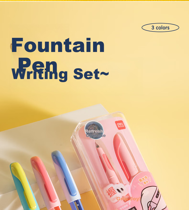Deli Grip Fun Posture Correction Easy Wash Student Fountain Pen EF Nib Corrective Student Stationery (1 Pen + 2 Black Ink Cartridges) SF668 EF Nib (Approx. 0.38mm) Color Random 2