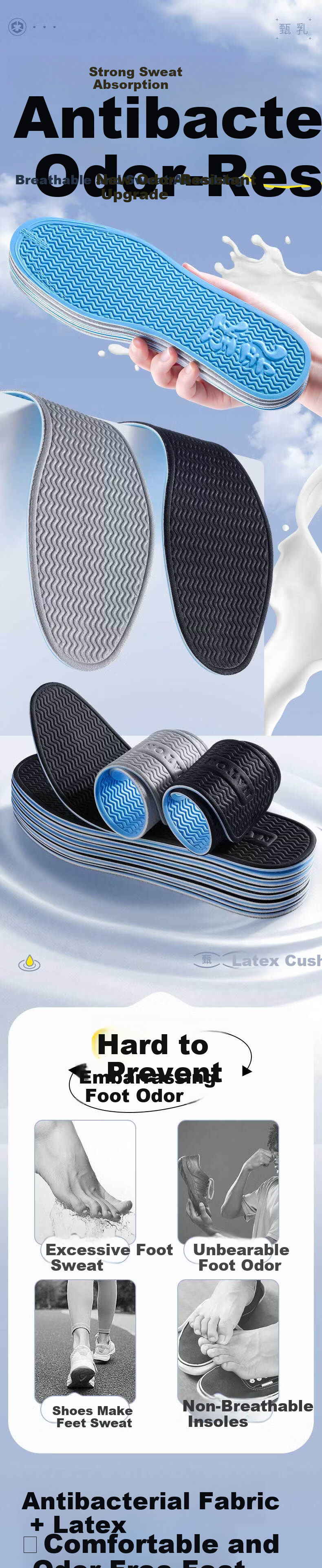 Footprint Tribe 2 Pairs - Size 35-36 7A Antibacterial Deodorant Insoles for Men Ultra-Thin Latex Sweat-Absorbing Breathable Odor-Removing Sports Insoles 1
