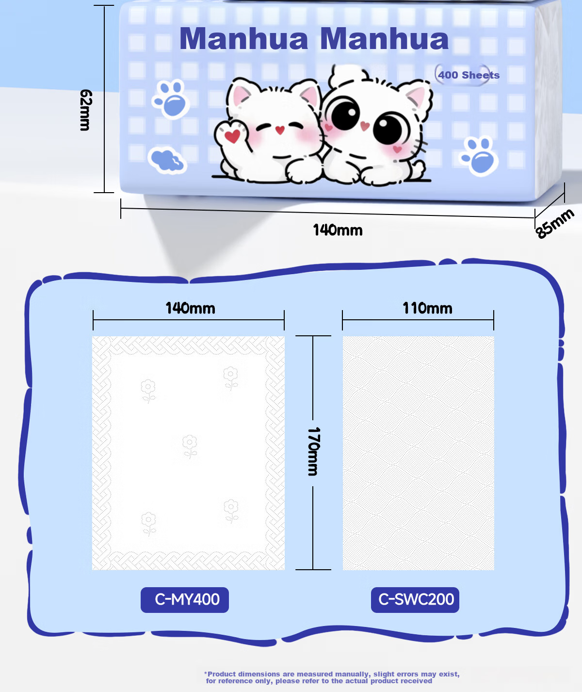 Manhua Meow Cartoon Facial Tissue 4-Ply 400 Sheets * 20 Packs Bulk Household Napkins Affordable Toilet Paper 4