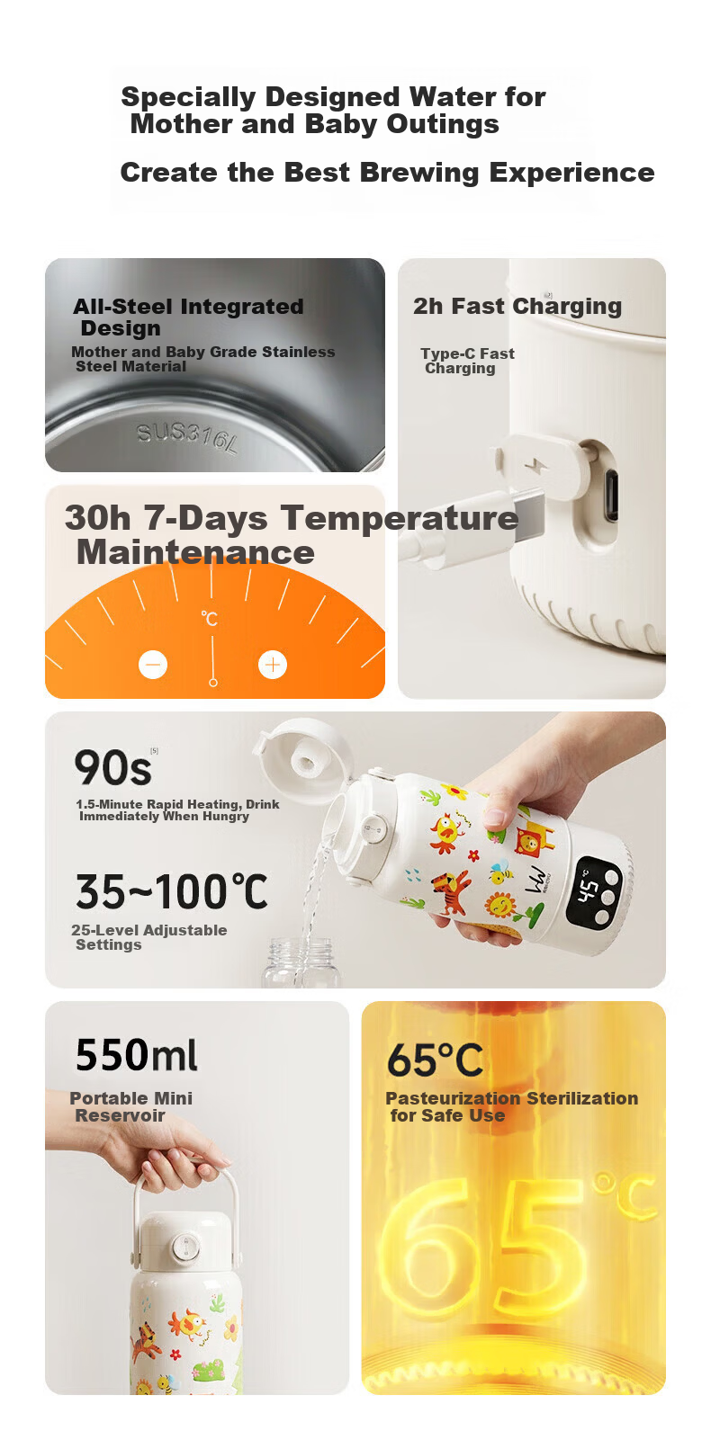 HeWu Portable Thermostatic Kettle Thermos Baby Travel Milk Frother Wireless Electric Boiling Water Cup Three Modes 6