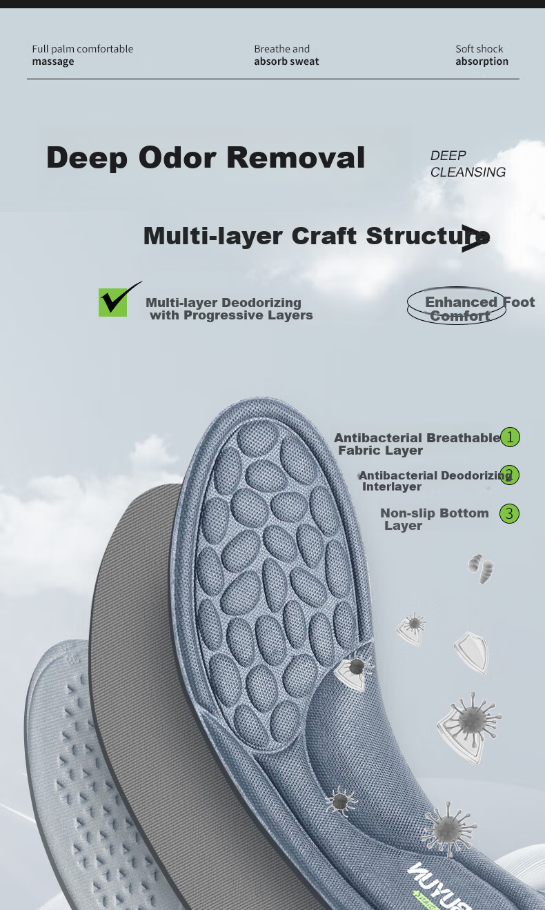 Buyun [2 Pairs] Deodorant Insoles for Men, Shock Absorption, Women's Sweat-Absorbing, Breathable, Non-Slip Military Training Deodorizing Insoles for Leather Shoes 5