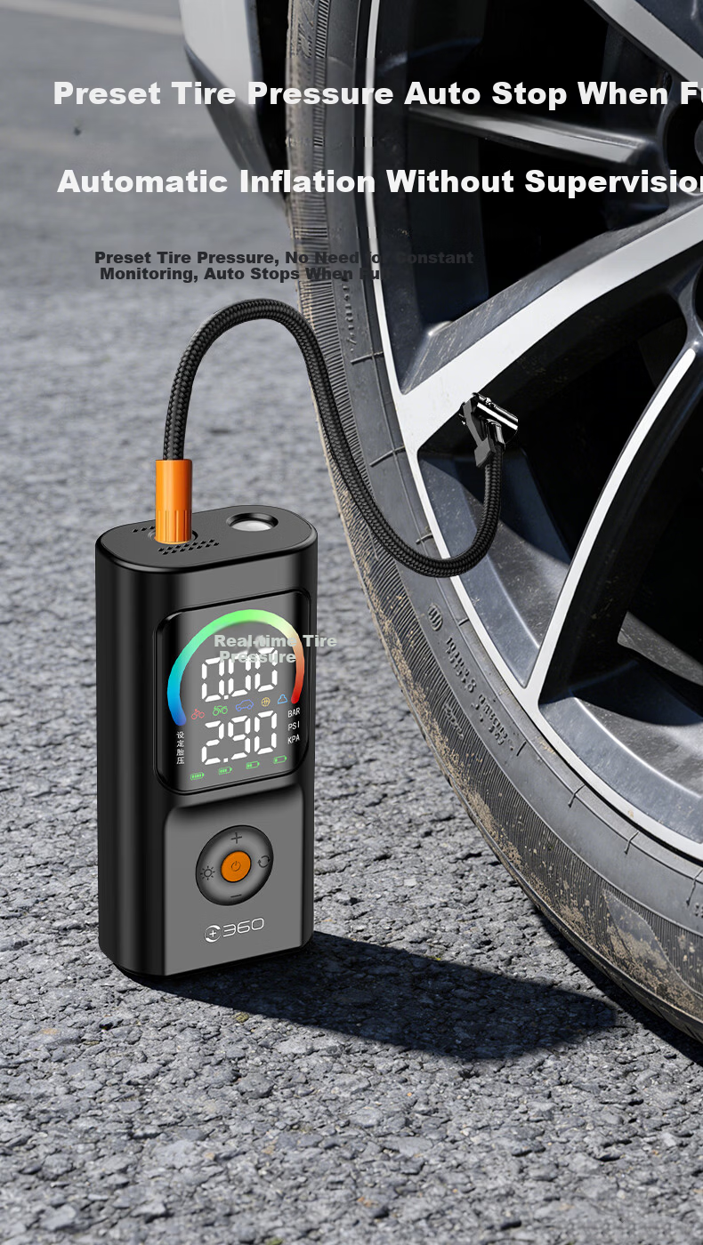 360 Car Inflator HQ30 Color Screen Wireless Portable Electric Air Pump for Car and Bicycle Tire Pressure Measurement 6