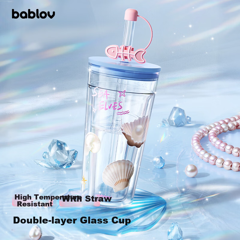 BABLOV Double-Layer Glass Cup for Women High-Value with Straw Children's Water Cup Summer New Office Large Capacity Cup