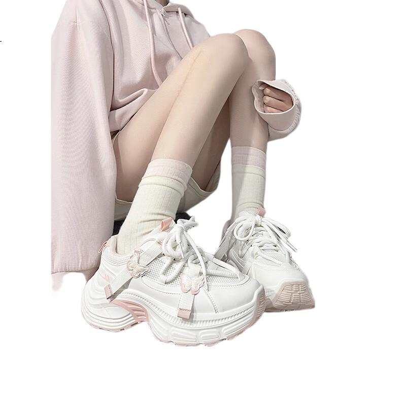 Huili White And Blue Butterfly Dad Shoes for Women, New Versatile Lightweight Student Shoes, Women's Sneakers, White Pink, Size 39