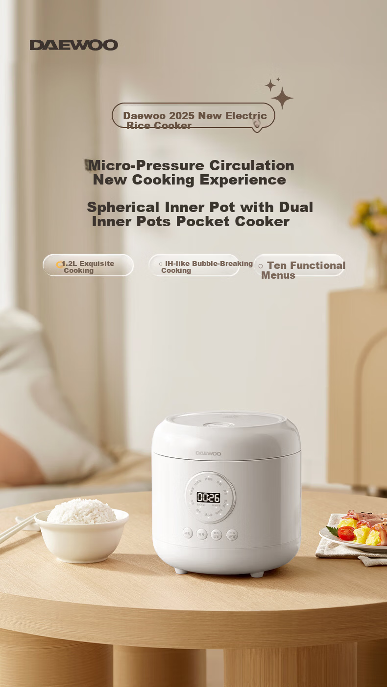 DAEWOO Mini Rice Cooker 1.2L Smart Small Electric Rice Cooker for 1-2 People Multifunctional Low Sugar Micro Pressure FB23DT Purple 1