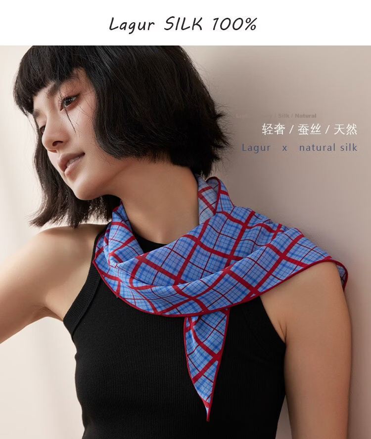 Lagur Tranquil Blue Plaid 100% Mulberry Silk Scarf Long Triangle Diamond Vintage Headband for Women Tranquil Blue 2