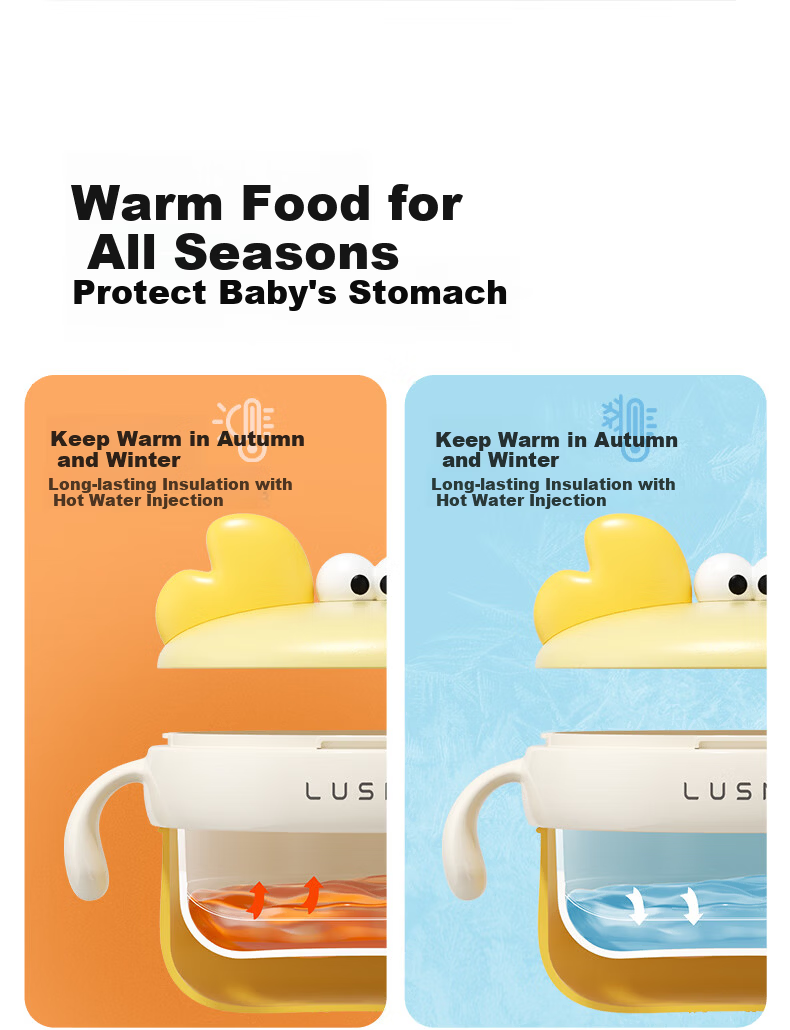 LUSN Stainless Steel Baby Feeding Bowl Anti-Drop Temperature-Controlled Children's Tableware Insulated Water-Filled Lunch Box 11
