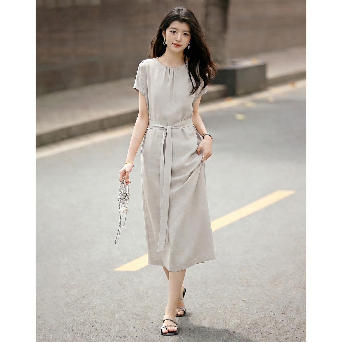 Demana Natural Linen Summer Elegant Round Neck Fabric Belt Loose Petite Mid-Length Dress for Women