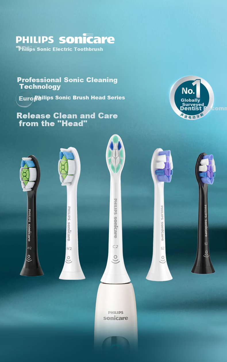 PHILIPS Electric Toothbrush Heads S2 Deep Sensitive Care Official Original Compatible with DiamondClean 7/7 Pro Series Handle 4-Pack HX6054/85 White 1