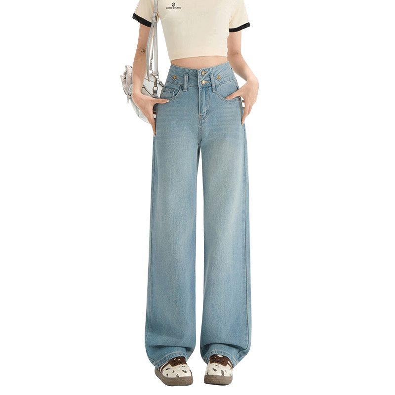 Langsha Women's Jeans Spring Autumn High Waist Slim Wide Leg Draped Loose Straight Floor-Length Pants