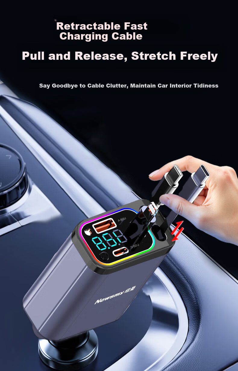 Newsmy Car Charger Retractable 3-in-1 Built-in Cable Super Fast PD Invisible Mini Car Cigarette Lighter Charger Compatible with Apple Huawei Xiaomi K6 Deluxe Edition 5