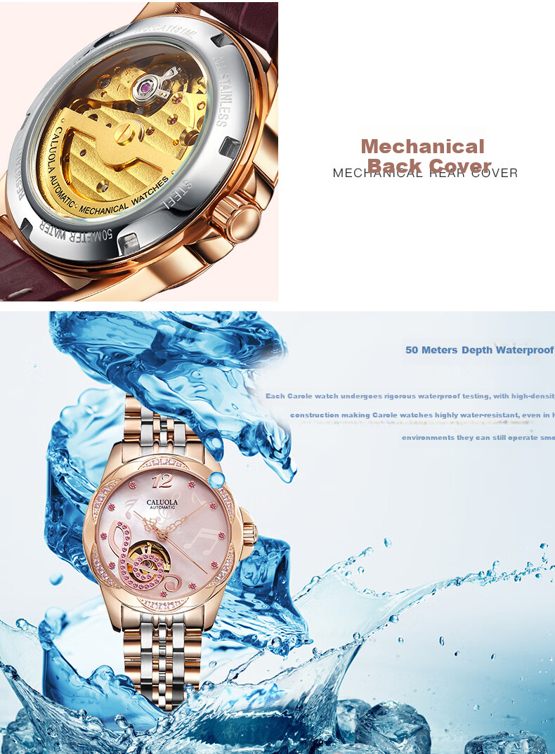 CALUOLA Carola Fully Automatic Mechanical Women's Watch Diamond-Studded Hollow Note Stainless Steel Fashion Waterproof Trendy Ladies Watch 8