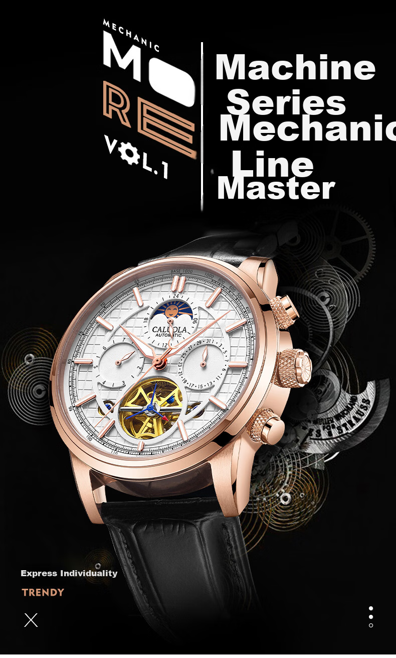 CALUOLA Men's Automatic Mechanical Watch Multifunction Leather Strap Fashion Business Wristwatch Birthday Gift 1